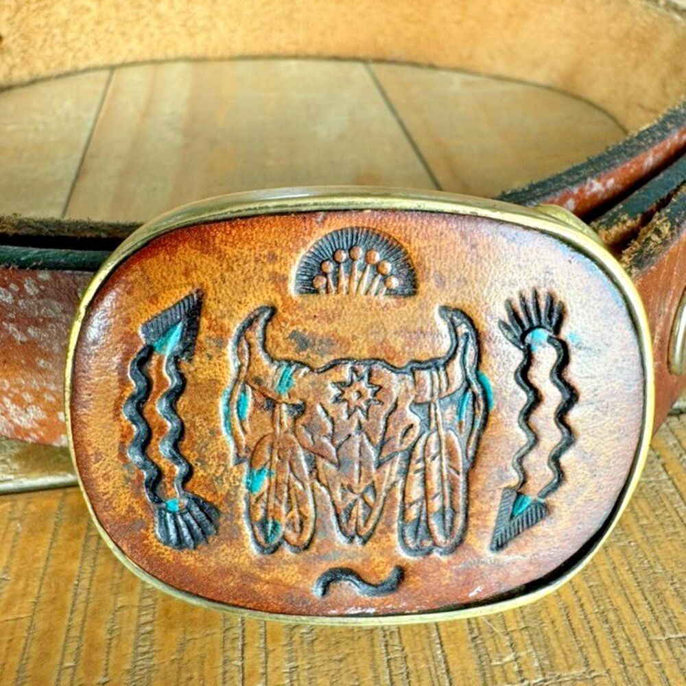 Western Vintage Tooled Leather Solid Brass Baron Buckle XL Belt Steer Skull Star
